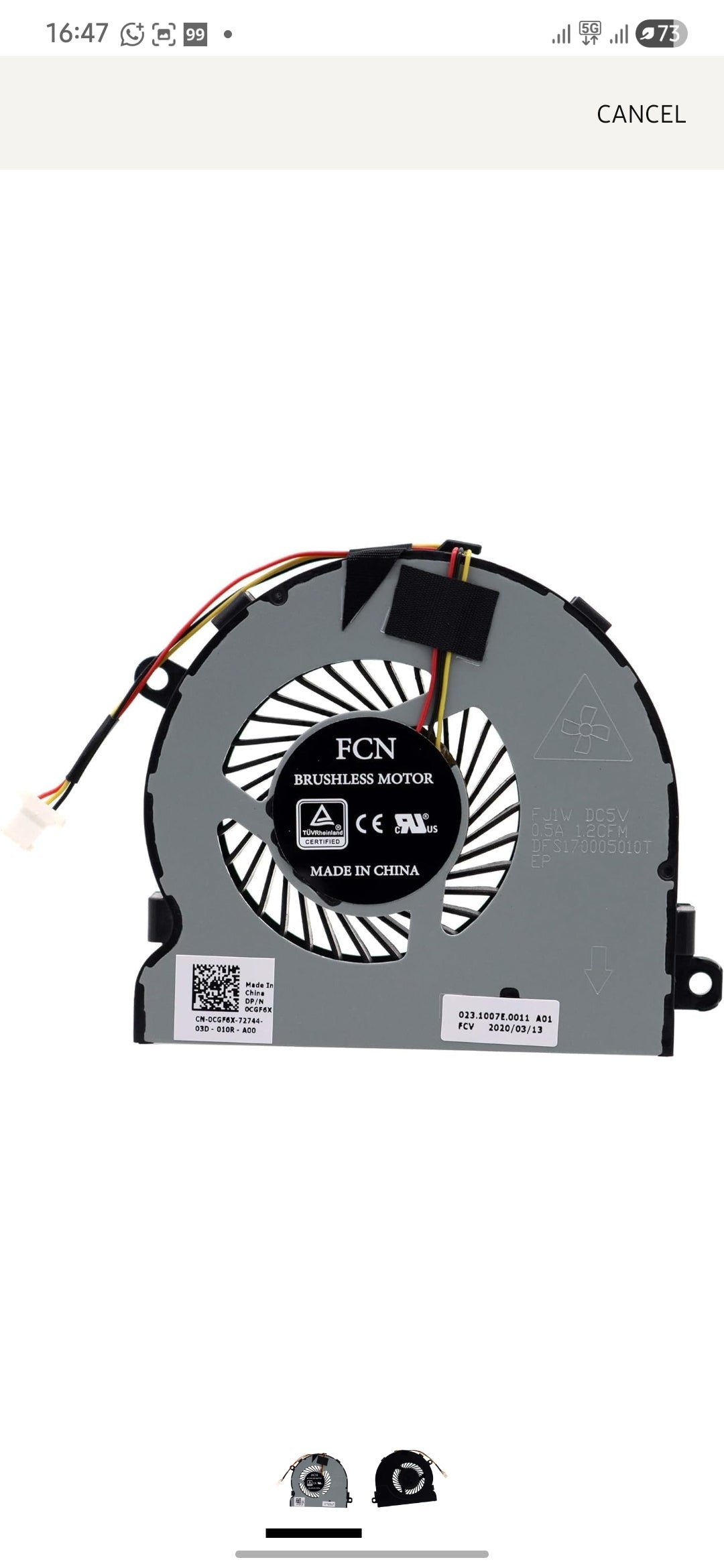 Original FAN Dell Inspiron 15R 5520 P/N : 0CGF6X , CGF6X