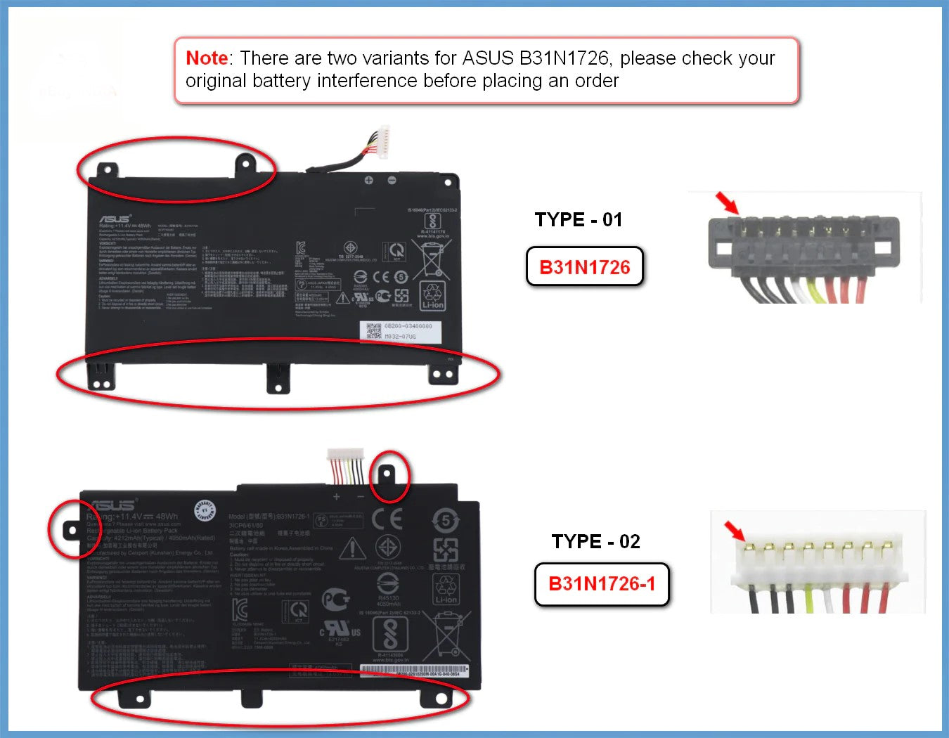 ASUS B31N1726 TYPE- 1 &amp; 2 - B31N1726 TYPE-1 &amp; 2 Original Laptop Notebook Battery (1 Yr Warranty)
