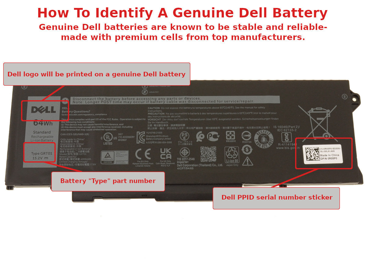 DELL 00P3TJ 05RGW 0P3TJ 0R05P0 0R0P0 0R0PO 0ROP0
 - GRT01 Genuine Original Laptop Notebook Battery ( 1 Yr Warranty )