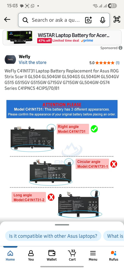 ASUS ROG Strix G731GU - C41N1731 Original Laptop Notebook Battery (1 Yr Warranty)