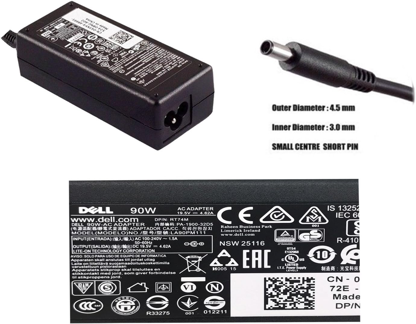 DELL LAPTOP CHARGER 90W 19.5V 4.62A GENUINE Original Adapter ( 4.5 MM ) ( 1 Yr Warranty ) Model No : PA-1900-32D5