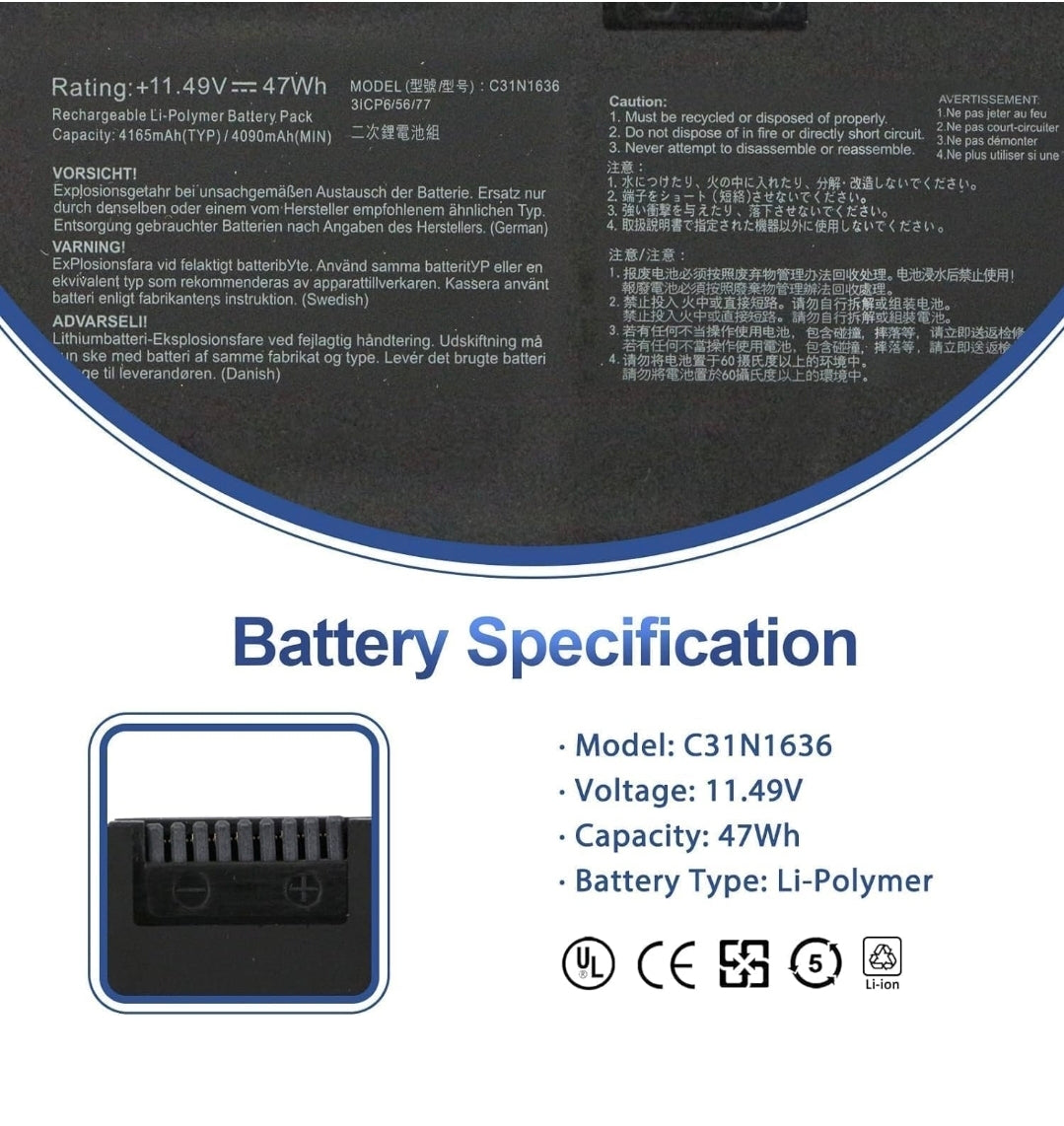 ASUS VivoBook Pro X580VD - C31N1636 Original Laptop Notebook Battery (1 Yr Warranty)