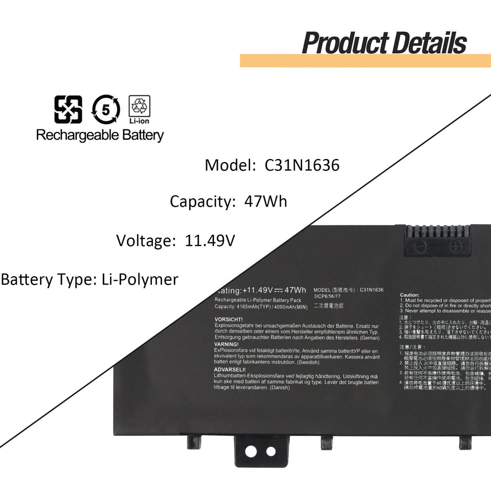 ASUS VivoBook Pro X580VN - C31N1636 Original Laptop Notebook Battery (1 Yr Warranty)