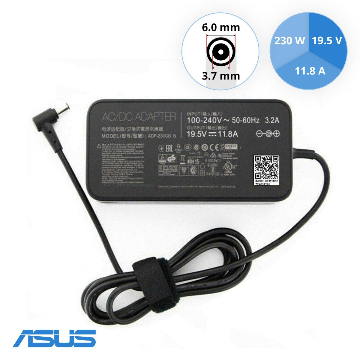 ASUS Laptop Charger 230W 19.5V 11.8A Original Adapter Model No: ADP-230GB B (6.0 mm x 3.7 mm) (1 Yr Warranty) (Power Cord Included)