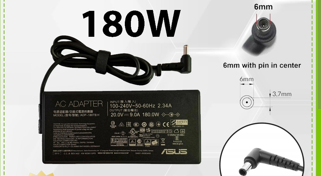 ASUS Laptop Charger 180W 20V 9A Original Adapter Model : A22-180P1A (6.0 mm x 3.7 mm) (1 Yr Warranty) (Power Cord Included)