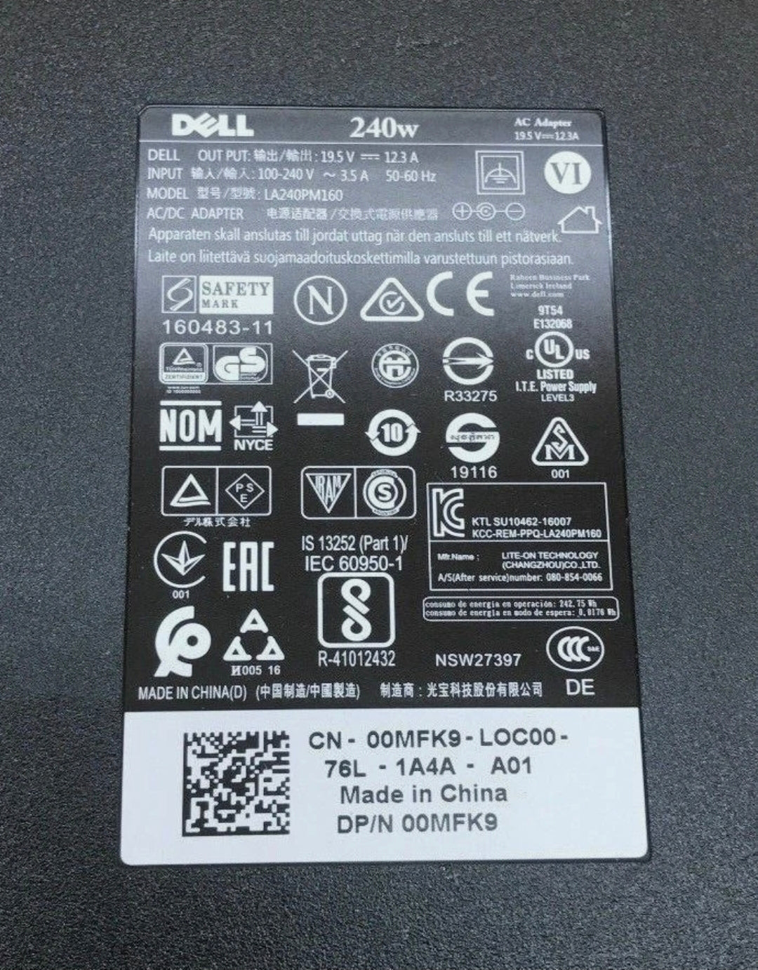 DELL LAPTOP CHARGER 240W 19.5V 12.3A GENUINE Original ( 7.4 MM ) ( 1 Yr Warranty ) Model No : Dell Alienware M17x