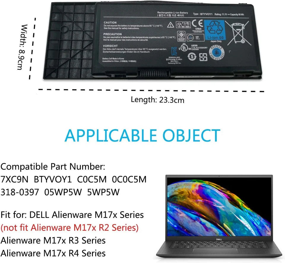 DELL 05WP5W 07XC9N 0C0C5M 318-0397 451-11817 5WP5W  BTYV0Y1 C0C5M CN-07XC9N
- BTYVOY1 Genuine Original Laptop Notebook Battery ( 1 Yr Warranty )