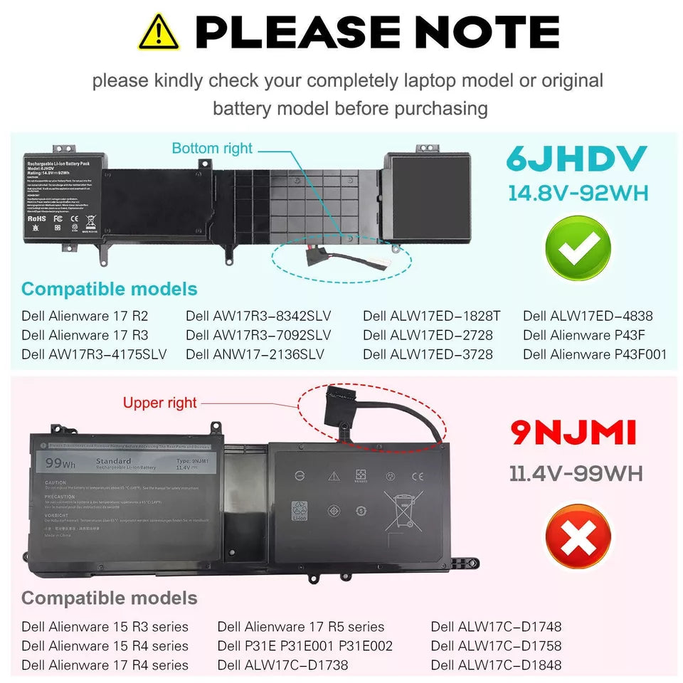 DELL Alienware 17 R2 - 6JHDV Genuine Original Laptop Notebook Battery ( 1 Yr Warranty )
